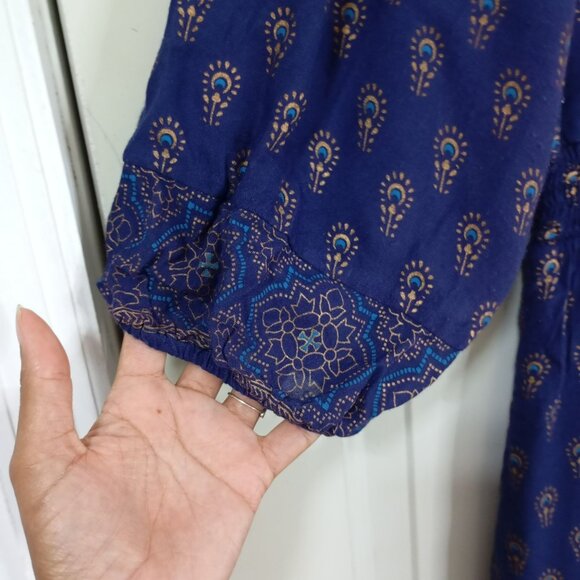 Lapogee Midi Dress Womens Boho 3X Blue Gold Teal Print Elastic Waist Tie Neck - Picture 4 of 11